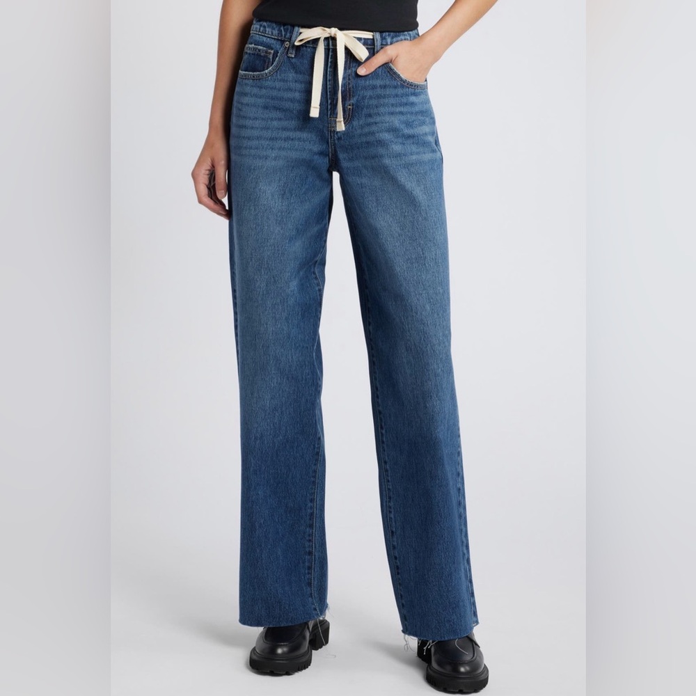 Hidden Jeans Baggy Wide Leg Jeans with Drawstring Waist and Raw Hem